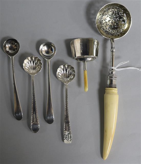 A Georgian silver caddy spoon(a.f), two pairs of Georgian salt spoons including Hester Bateman and a sifter spoon.